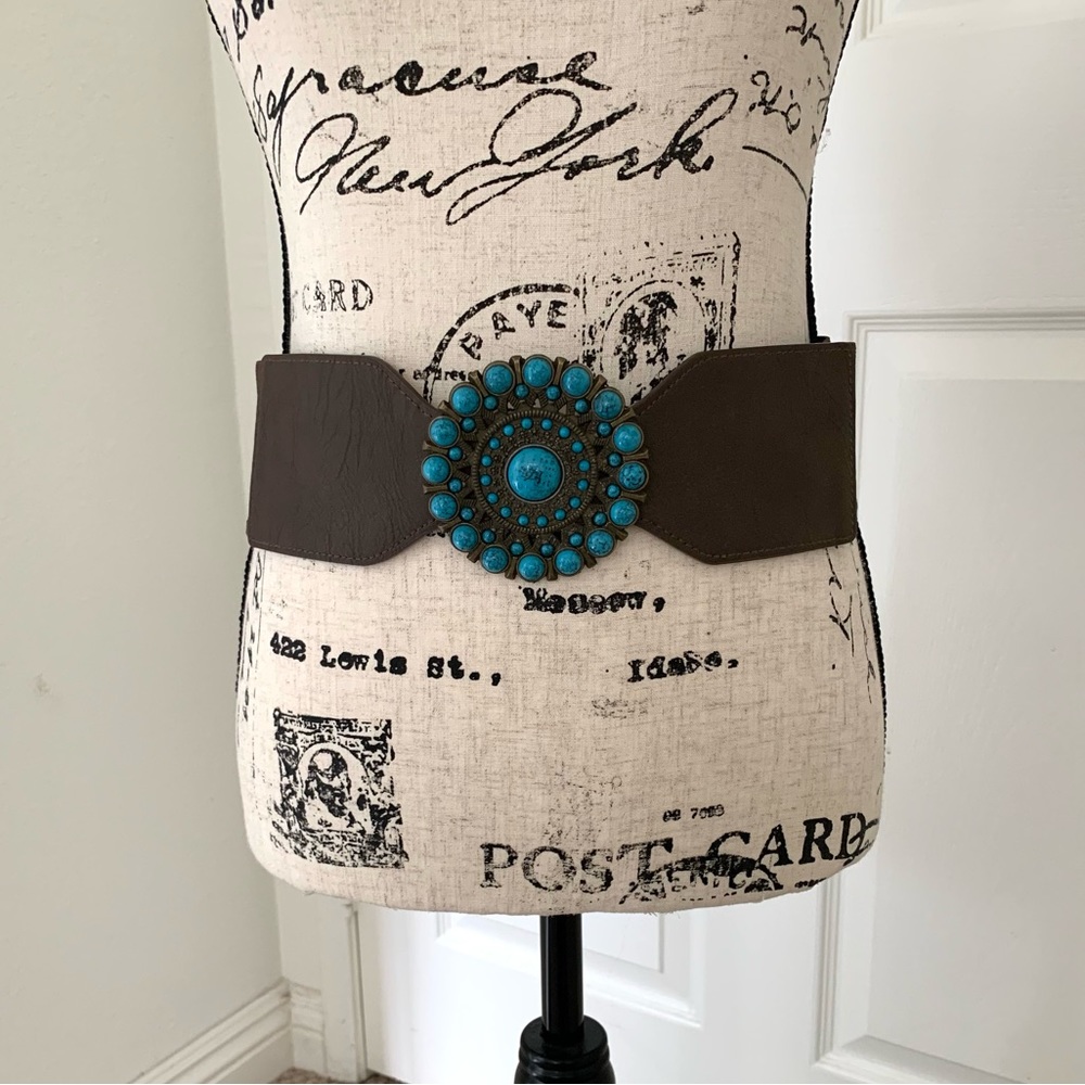 🌿 Vintage boho brown blue western snap closure belt